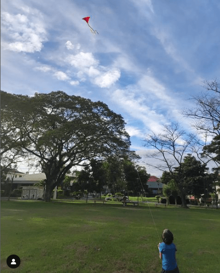 a little boy learning to fly a red kite