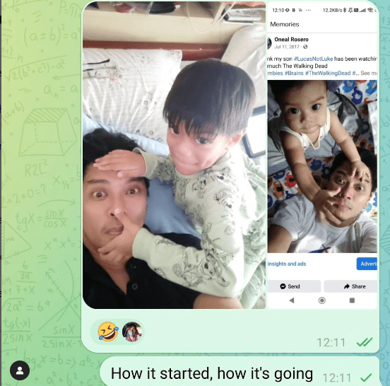 a child holding his father's face at 1 year old and at 6 years old