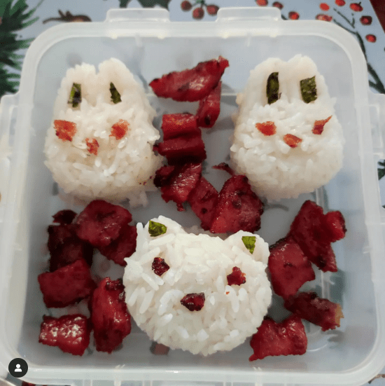 Two bunnies and a Bear made of rice for school lunch